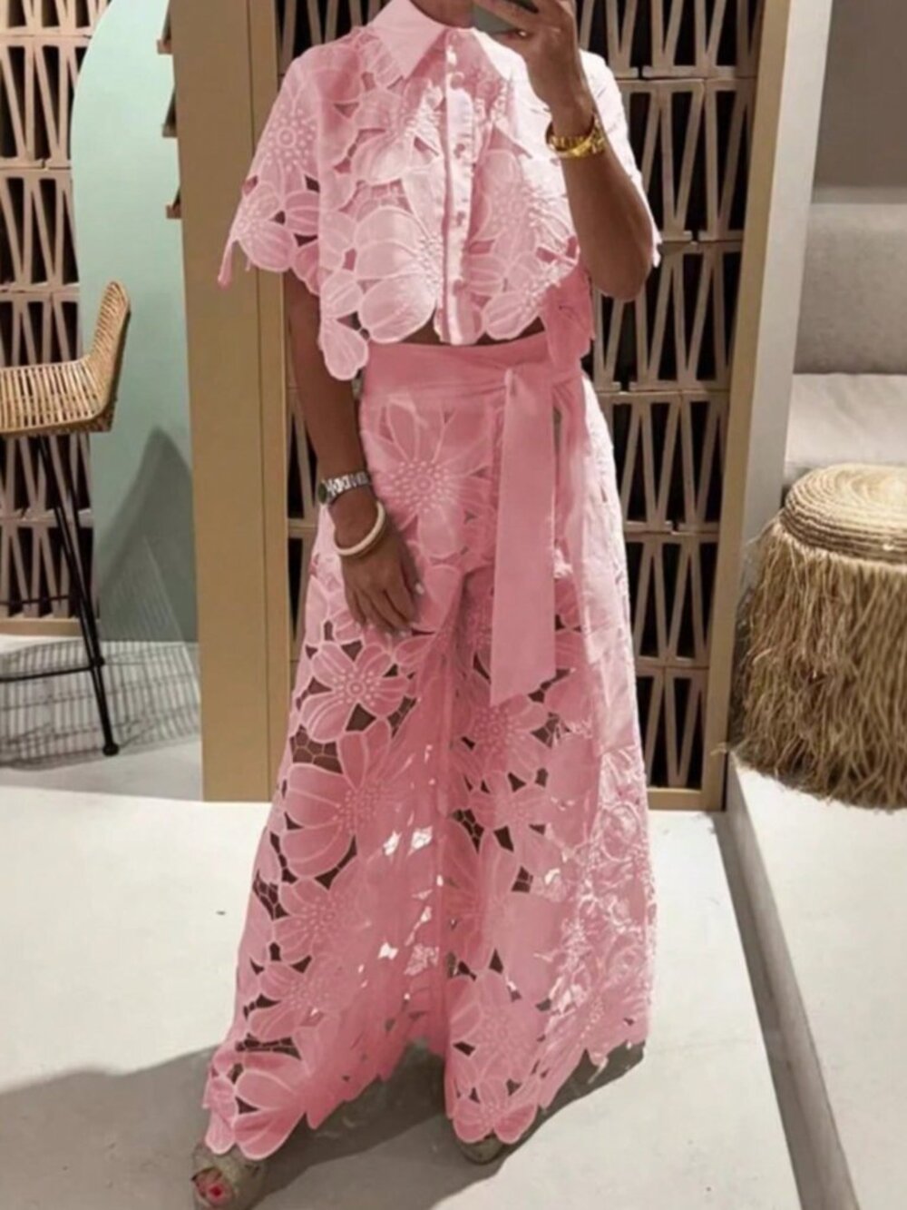 Pink Floral Lace Women's Two-Piece Set with Cape-Sleeve Top and High-Waist Pants - Picture 2 of 2